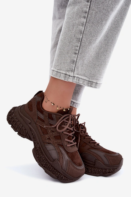 Sneakersy Damskie Ze Zdobieniem Czekoladowe Amselle