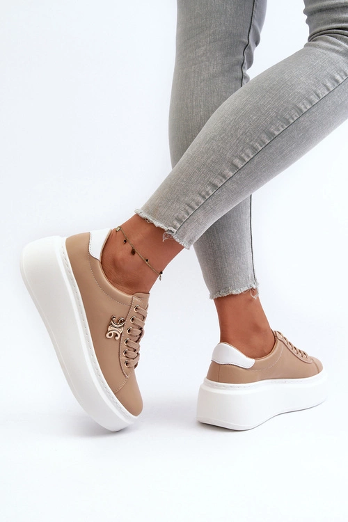 Skórzane Sneakersy Damskie Na Platformie Brązowe Pernalia