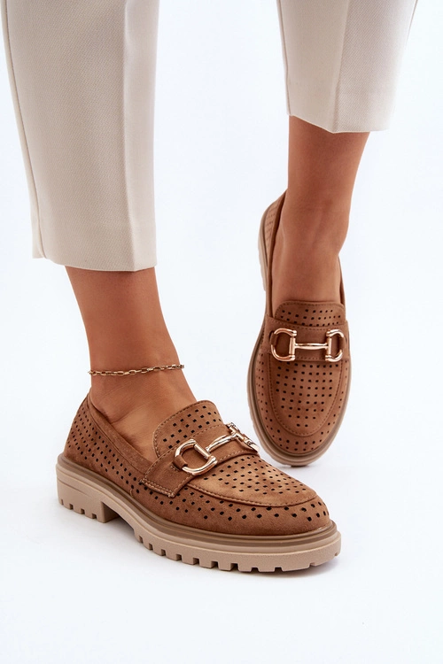 Mokasyny Damskie Ażurowe Z Ozdobą Camel Talesse