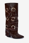 Kozaki Z Wywiniętą Cholewką I Dekoracyjnym Wiązaniem Czekoladowe Pamina