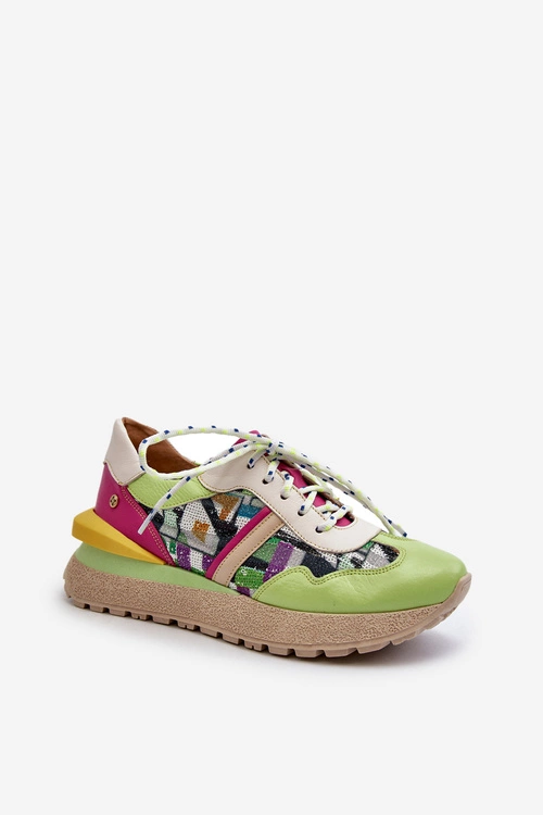 Sneakersy Damskie Skórzane Na Platformie Maciejka 06322-09 Zielono-Różowe