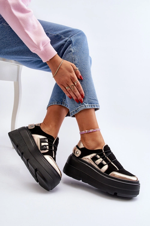 Zazoo 1833 Sneakersy Damskie Skórzane Na Masywnej Podeszwie Czarne