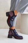Skórzane Botki Damskie Na Masywnym Obcasie Z Ozdobą Maciejka A6747-23 Bordowo-Granatowe