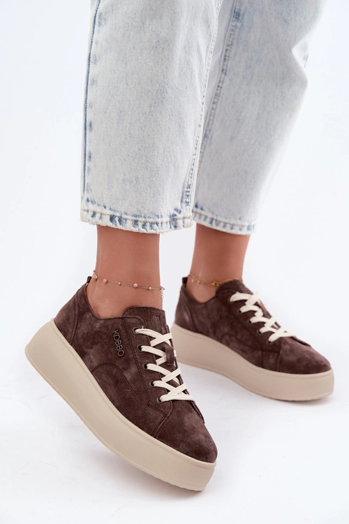 Skórzane Zamszowe Sneakersy Na Platformie Kobbo 41535 Czekoladowe