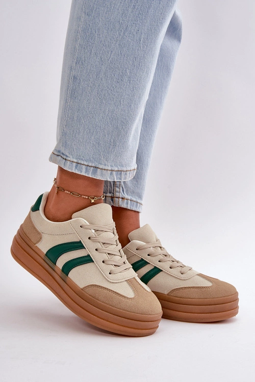 Sneakersy Damskie Na Platformie Beżowo-Zielone Nesonice