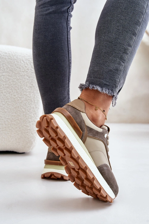 Sneakersy Damskie Na Platformie Ze Skóry Naturalnej Vinceza 41465 Beżowe