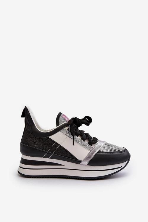 Damskie Sneakersy Na Koturnie I Platformie Z Brokatem Czarne Rafani