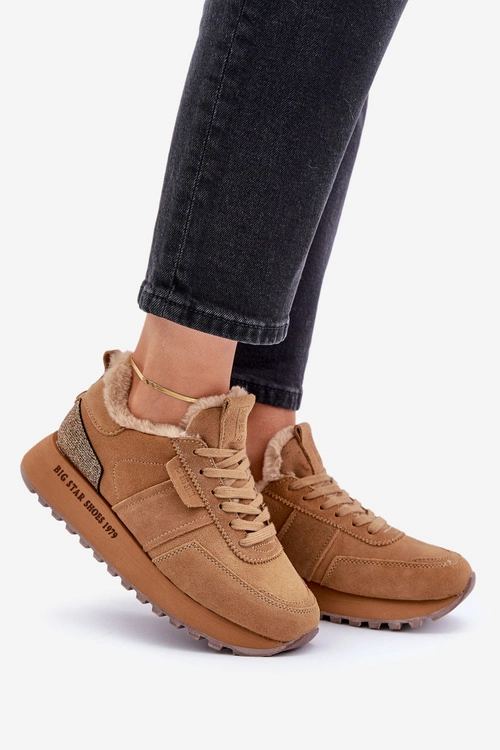 Zamszowe Sneakersy Damskie Z Futerkiem I Błyszczącym Elementem Big Star OO274578 Hi-Poly System Camel