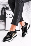 Sportowe Damskie Buty Sneakersy Skórzane Czarne 21-7778