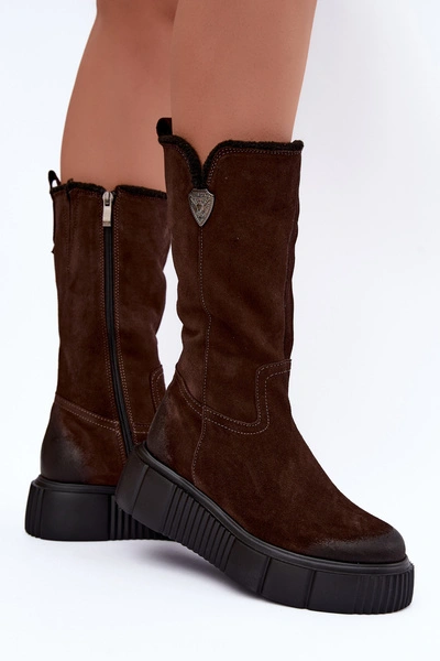 Damskie Skórzane Zamszowe Kozaki Z Wełną Zazoo 70121 Czekoladowe