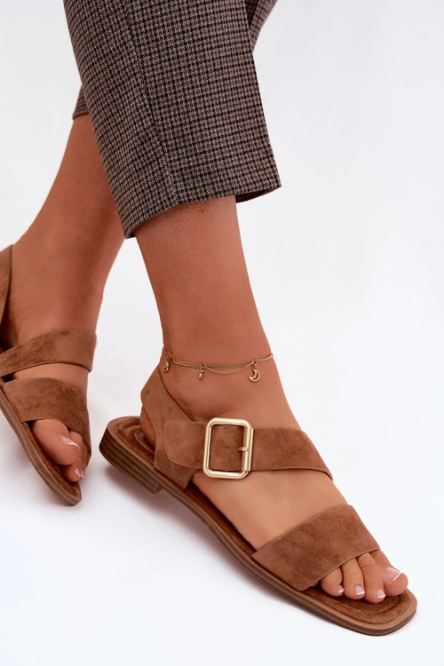 Sandały Damskie Na Płaskim Obcasie Ze Złotą Klamrą Camel Verissea