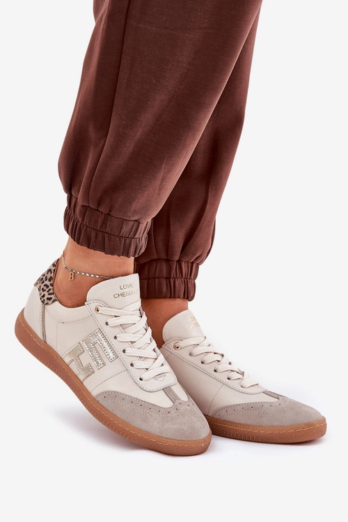 Skórzane Buty Sportowe Sneakersy Damskie Panterka CheBello 4640 Beżowe