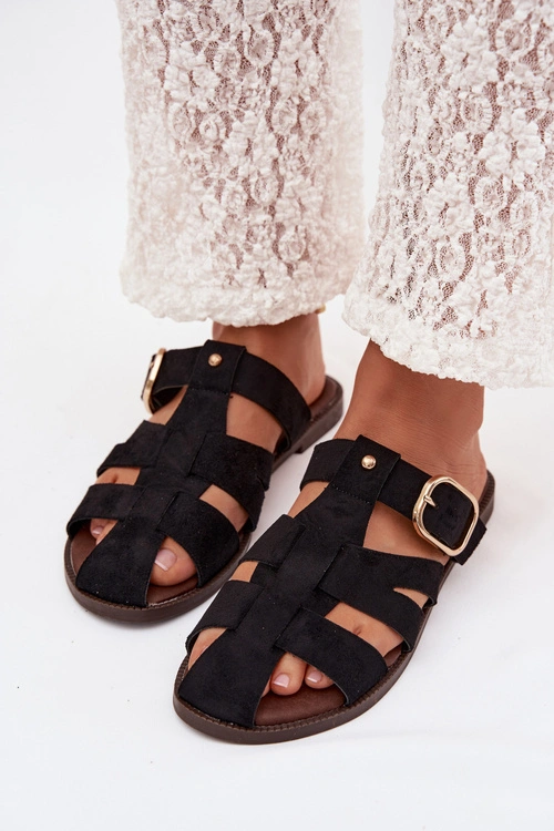 Klapki Damskie Na Płaskim Obcasie Z Paskami I Złotą Klamrą Czarne Elzora