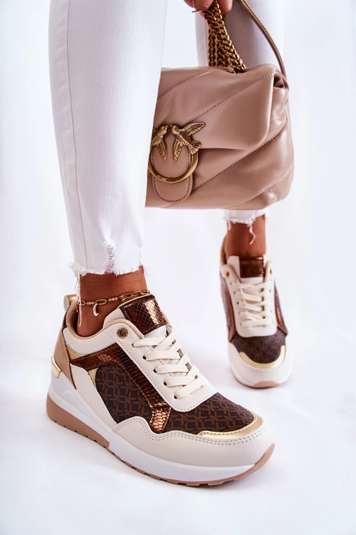 Damskie Skórzane Buty Sportowe Na Koturnie Biało-Brązowe Catrine