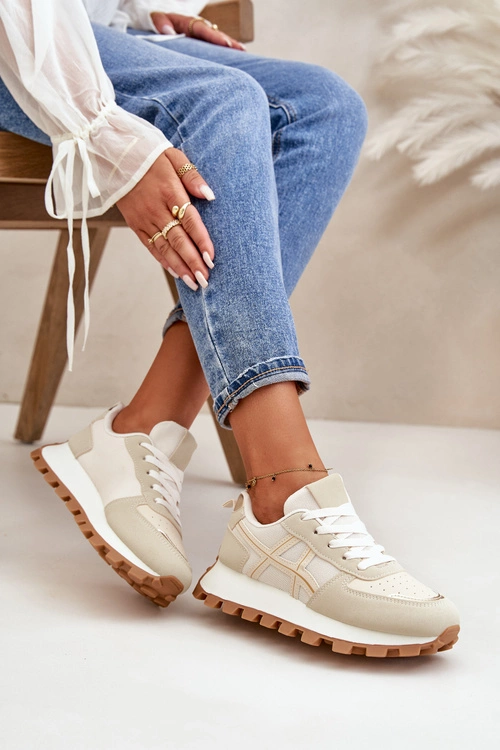 Sneakersy Buty Sportowe Damskie Sznurowane Na Platformie Beżowe Mialunae