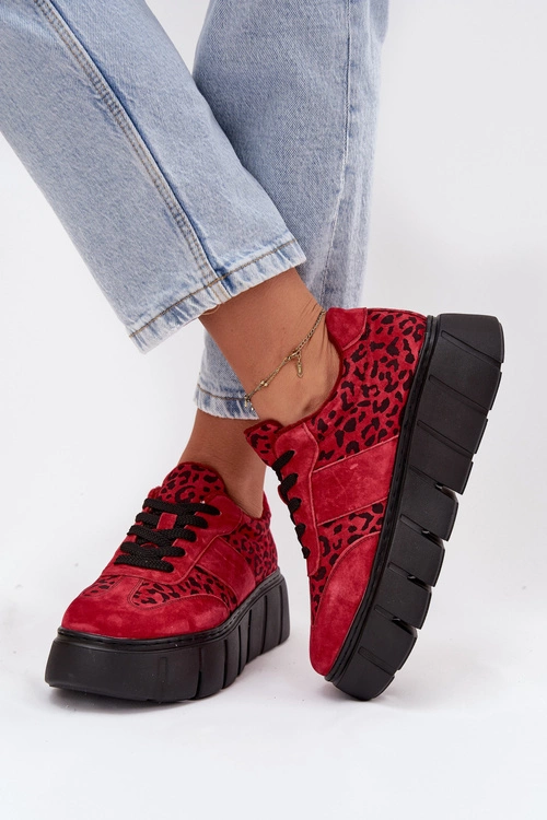 Zamszowe Ocieplane Sneakersy Damskie Na Masywnej Platformie Vinceza 66841 Panterka Czerwone