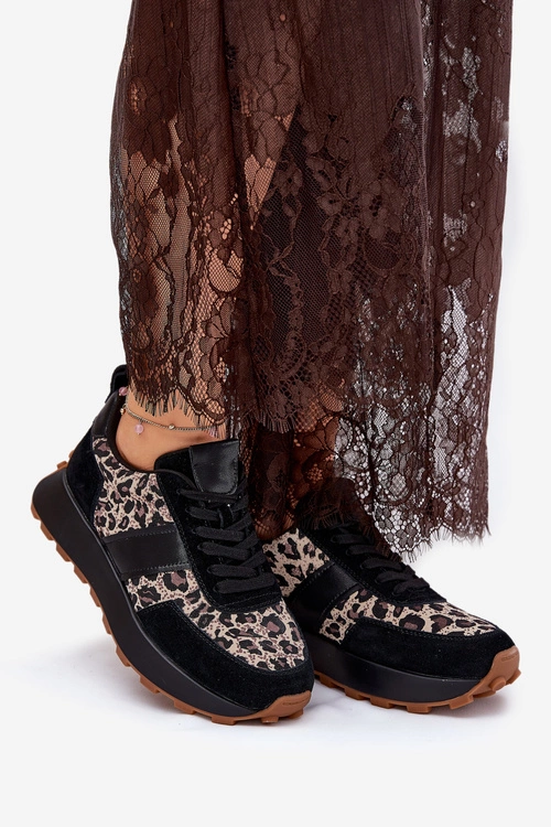 Zamszowe Sneakersy Damskie Na Platformie Panterka Vinceza 66793 Czarne