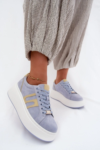 Sneakersy Damskie Na Platformie Skóra Zamszowa Niebieskie Salima