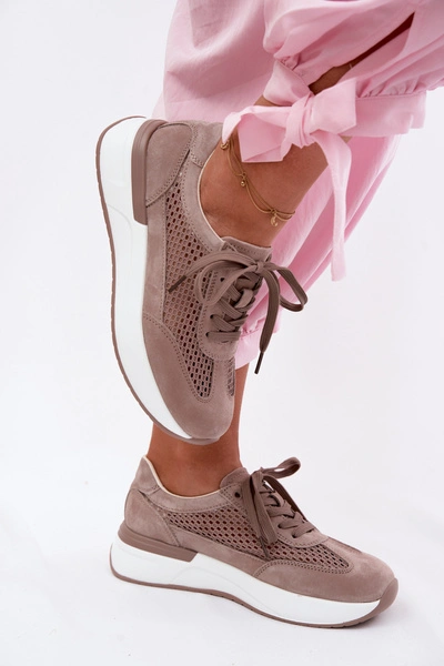 Skórzane Zamszowe Sneakersy Na Platformie Ciemnobeżowe Norisa