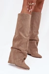 Ocieplane Kozaki Damskie Z Wywiniętą Cholewką Na Słupku Eko Zamszowe Beżowe Elivira