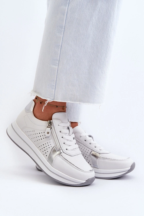 Damskie Skórzane Sneakersy Na Platformie Białe Ligustra