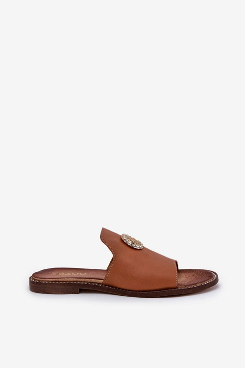 Eleganckie Skórzane Klapki Damskie Z Ozdobą Zazoo 3008 Camel