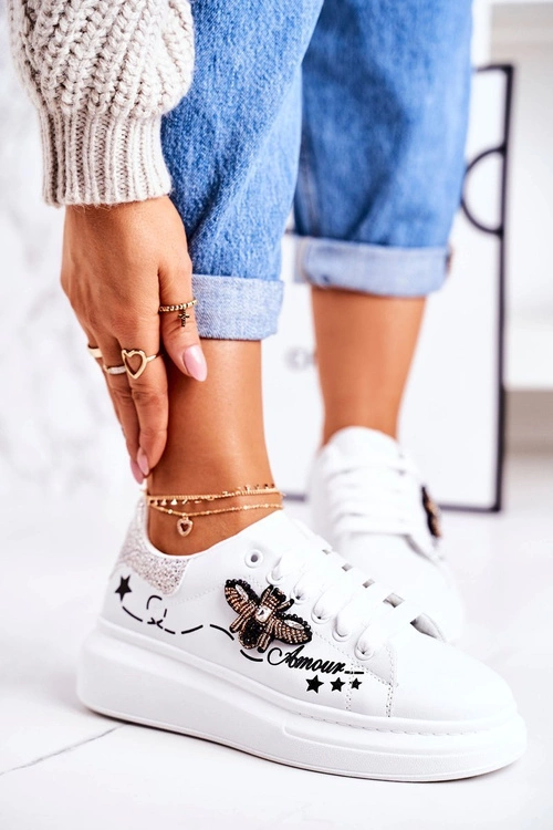Damskie Sportowe Buty Sneakersy Z Muchą Białe Srebrne Amour
